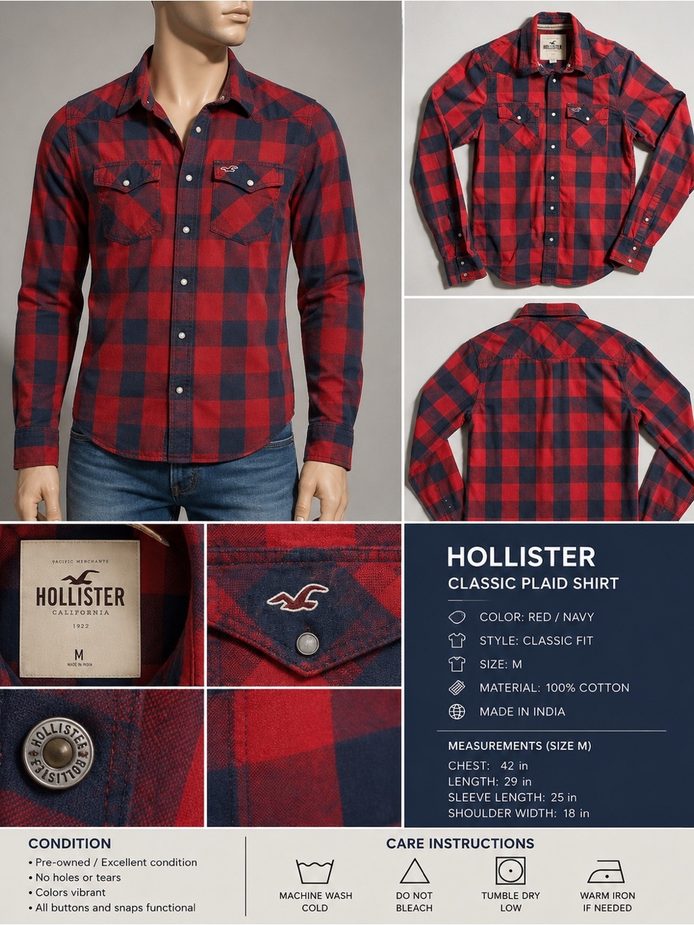 Hollister Men's Red and Navy Blue Plaid Button-Up Shirt Medium
